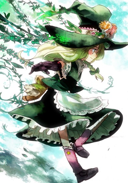 Anime picture 841x1200 with touhou kirisame marisa ogawa maiko single long hair tall image blush blonde hair smile yellow eyes braid (braids) profile spread arms side braid girl skirt gloves plant (plants) hat elbow gloves