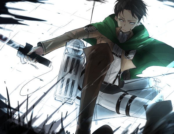 Anime picture 1300x1000 with shingeki no kyojin production i.g levi (rivaille) natsu-san single short hair black hair looking away wind black eyes open clothes open jacket boy weapon sword jacket boots belt thigh strap cape