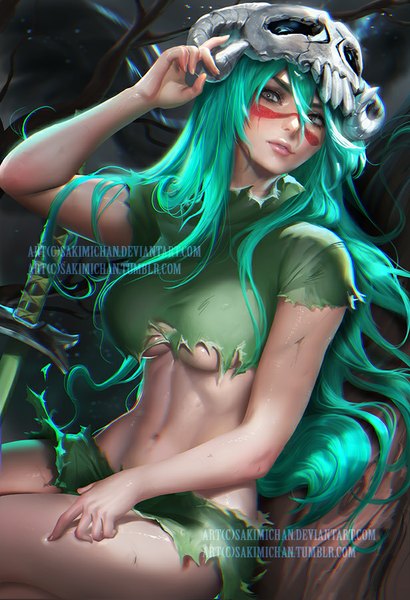 Anime picture 616x900 with bleach studio pierrot nelliel tu odelschwanck sakimichan single long hair tall image looking at viewer fringe breasts light erotic hair between eyes sitting signed parted lips arm up fingernails green hair lips realistic