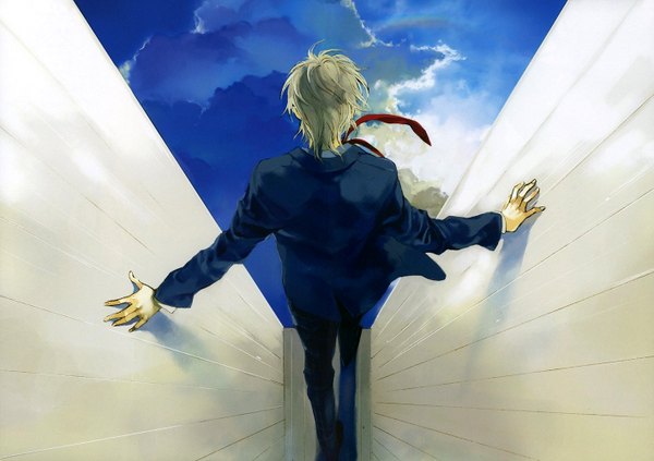 Anime picture 1418x1000 with takarai rihito short hair blonde hair sky from behind scan formal boy necktie