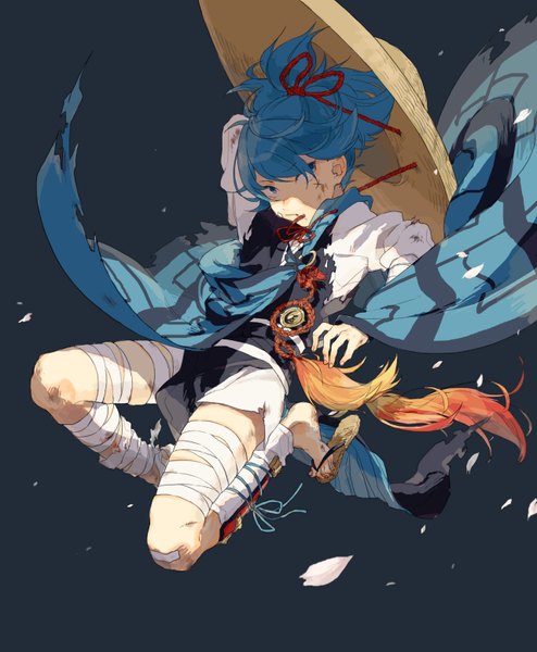 Anime picture 1280x1555 with touken ranbu nitroplus sayo samonji tagme (artist) single tall image short hair blue eyes simple background blue hair looking away full body ponytail traditional clothes japanese clothes torn clothes dark background jumping injury boy