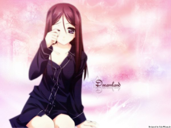 Anime picture 1024x768 with murakami suigun long hair brown hair sitting blurry inscription naked shirt girl