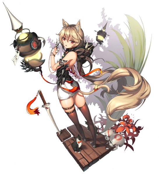 Anime picture 3276x3600 with original [saw] single long hair tall image highres open mouth simple background red eyes brown hair white background animal ears absurdres tail animal tail cat ears cat girl cat tail girl thighhighs
