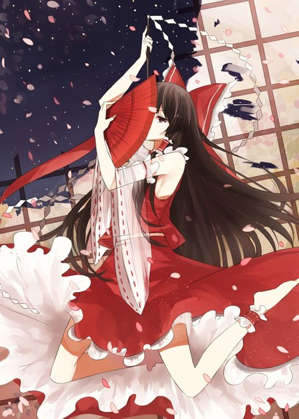 Anime picture 1656x2323 with touhou hakurei reimu gkn levi single long hair tall image looking at viewer brown hair holding brown eyes traditional clothes barefoot wide sleeves legs miko covering covering face girl bow hair bow