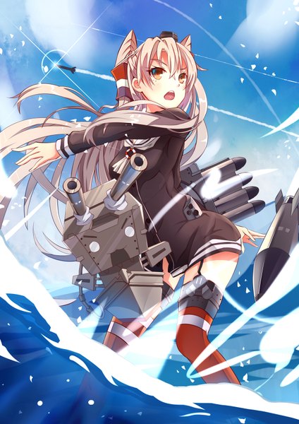 Anime picture 1240x1753 with kantai collection amatsukaze destroyer rensouhou-kun si xia daze single long hair tall image blush fringe open mouth blonde hair hair between eyes standing looking away sky cloud (clouds) bent knee (knees) long sleeves arm up wind