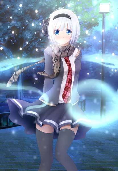 Anime picture 1463x2112 with touhou konpaku youmu evandragon single tall image looking at viewer blush short hair blue eyes white hair ghost girl thighhighs skirt black thighhighs plant (plants) tree (trees) necktie hairband scarf