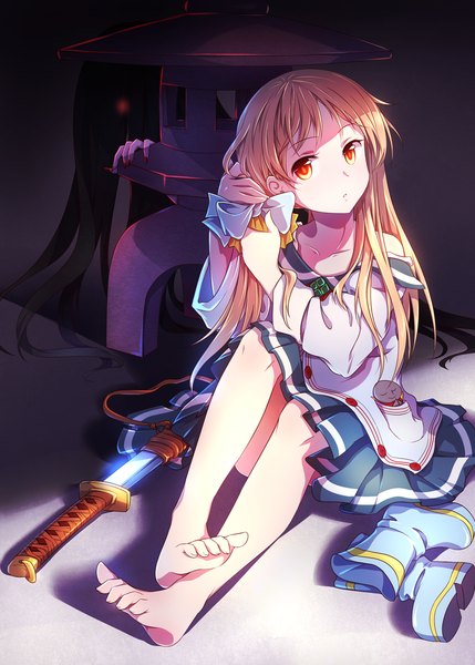 Anime picture 886x1240 with shinken!! aoe nika sm318 long hair tall image looking at viewer black hair blonde hair red eyes sitting bare shoulders multiple girls pleated skirt barefoot orange eyes legs adjusting hair no face hairdressing girl