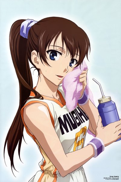 Anime picture 4079x6101 with true tears yuasa hiromi sekiguchi kanami single long hair tall image highres simple background absurdres ponytail tail copyright name girl uniform water gym uniform towel drink wristlet