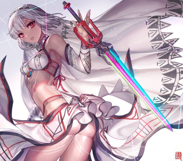Anime picture 1500x1322 with fate (series) fate/grand order altera (fate) bbbox (hotpppink) single looking at viewer fringe short hair breasts light erotic red eyes bare shoulders holding ass white hair parted lips sparkle midriff dark skin bodypaint