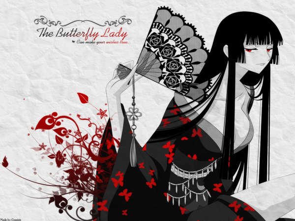 Anime picture 1600x1200 with xxxholic clamp ichihara yuuko single long hair looking at viewer black hair red eyes traditional clothes japanese clothes grey background girl kimono insect butterfly fan