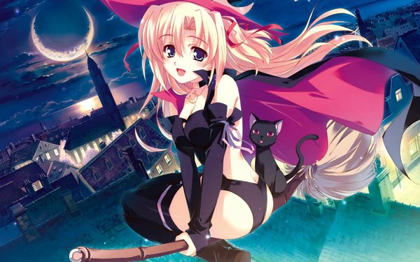 Anime picture 1024x640 with sakura strasse marie rudel kusukusu single long hair open mouth light erotic wide image cloud (clouds) open clothes cityscape witch crescent city lights girl thighhighs ribbon (ribbons) black thighhighs hair ribbon detached sleeves
