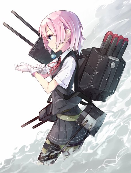 Anime picture 913x1200 with kantai collection shiranui destroyer shiranui (kantai collection) shiranui (kancolle) kojiki-life single tall image short hair blue eyes simple background pink hair profile pleated skirt mouth hold smoke adjusting clothes hair tie in mouth adjusting gloves girl skirt