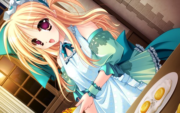 Anime picture 1024x640 with sora wo aogite kumo takaku mint (sora wo aogite kumo takaku) blonde hair wide image purple eyes game cg girl food