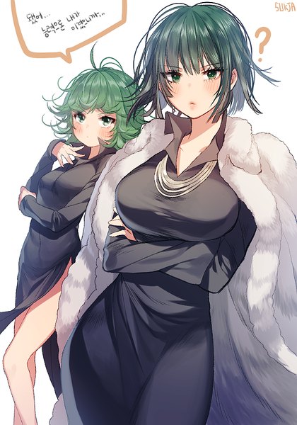 Anime picture 700x1000 with one-punch man madhouse tatsumaki fubuki (one-punch man) sorolp tall image blush fringe short hair breasts light erotic simple background large breasts white background multiple girls green eyes signed ahoge bent knee (knees) green hair