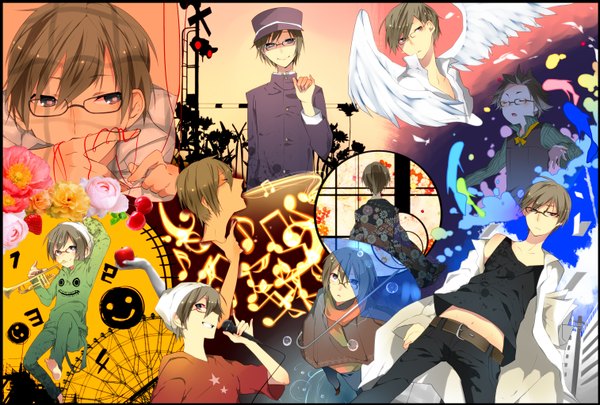 Anime picture 1514x1024 with nico nico singer ask (singer) lego (pixiv) short hair japanese clothes grey hair singing music boy uniform flower (flowers) hat wings glasses belt scarf pants microphone bandana apple