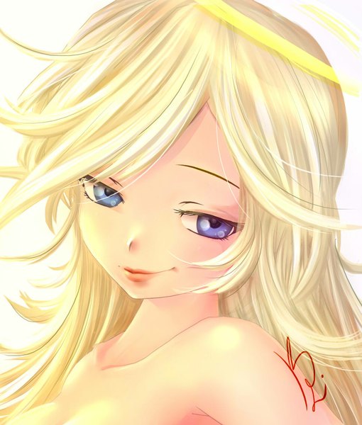 Anime picture 964x1133 with panty & stocking with garterbelt anarchy panty kimik-a single long hair tall image fringe light erotic blonde hair simple background smile white background purple eyes bare shoulders signed nude no bra eyebrows smirk girl