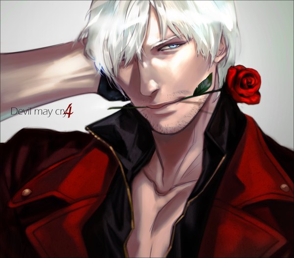 Anime picture 1300x1143 with devil may cry dante (devil may cry) cross (pixiv) single fringe short hair blue eyes simple background white hair hair over one eye mouth hold portrait face bristle boy gloves choker jacket rose (roses)