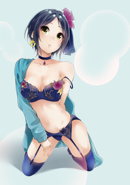 Anime picture 1157x1637 with idolmaster idolmaster cinderella girls hayami kanade murabito c single tall image looking at viewer blush short hair light erotic black hair simple background yellow eyes blue hair full body parted lips hair flower open shirt shiny skin kneeling