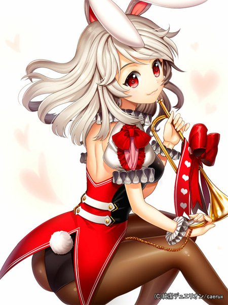 Anime picture 600x800 with junketsu duelion ells (ellsat) single long hair tall image blush simple background smile red eyes white background animal ears white hair tail animal tail looking back bunny ears bunny girl bunny tail girl bow