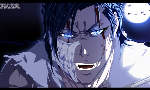 Anime picture 1124x672 with bleach studio pierrot grimmjow jeagerjaques gray-dous single short hair open mouth blue eyes wide image blue hair night night sky coloring torn clothes close-up espada boy animal bird (birds) moon