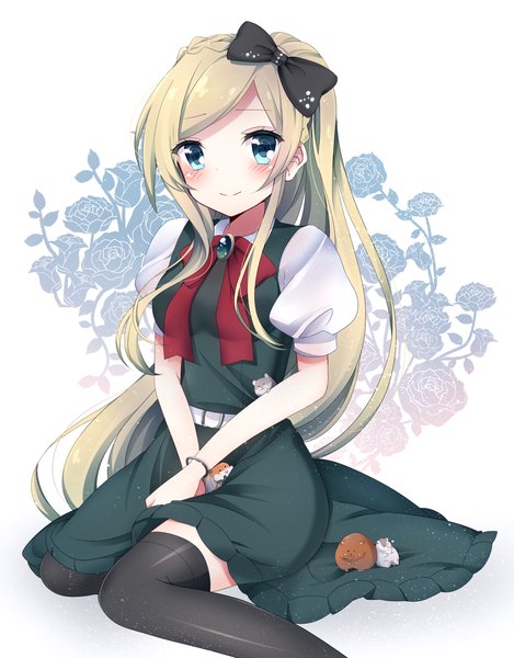 Anime picture 1000x1279 with original hijiki nimono single long hair tall image looking at viewer blush blue eyes blonde hair white background girl thighhighs dress flower (flowers) bow black thighhighs hair bow animal