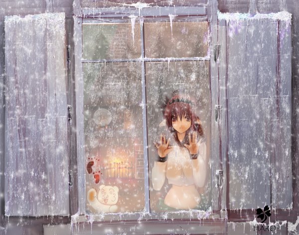 Anime picture 1280x1008 with snowing winter snow girl window toy stuffed animal