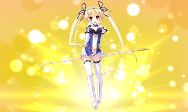 Anime picture 1024x614 with twinkle crusaders twinkle crusaders -passion star stream- kururu / crusienne roussel long hair open mouth blonde hair red eyes wide image twintails game cg girl thighhighs dress ribbon (ribbons) hair ribbon white thighhighs tiara