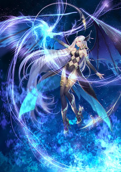 Anime picture 847x1200 with bible bullet nidhogg (bible bullet) tidsean single tall image breasts light erotic purple eyes looking away cleavage silver hair full body very long hair official art outstretched arm magic glowing bat wings head wings midair