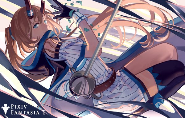 Anime picture 2100x1344 with original pixiv fantasia pixiv fantasia t zicai tang single long hair fringe highres blue eyes blonde hair bent knee (knees) ponytail horn (horns) striped girl thighhighs dress gloves weapon black thighhighs