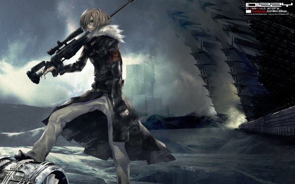 Anime picture 1920x1200 with original redjuice single highres short hair wide image sky fur trim winter snow weapon over shoulder boy weapon gun fur fur collar rifle sniper rifle