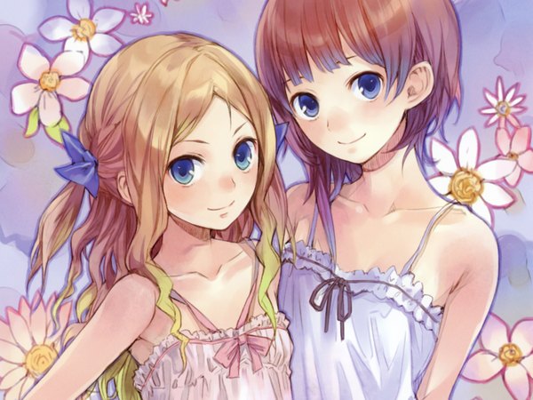 Anime picture 2048x1536 with atelier (series) atelier rorona gust (company) rororina fryxell cuderia von feuerbach kishida mel long hair looking at viewer blush highres short hair breasts blue eyes blonde hair brown hair multiple girls light smile two side up portrait flat chest