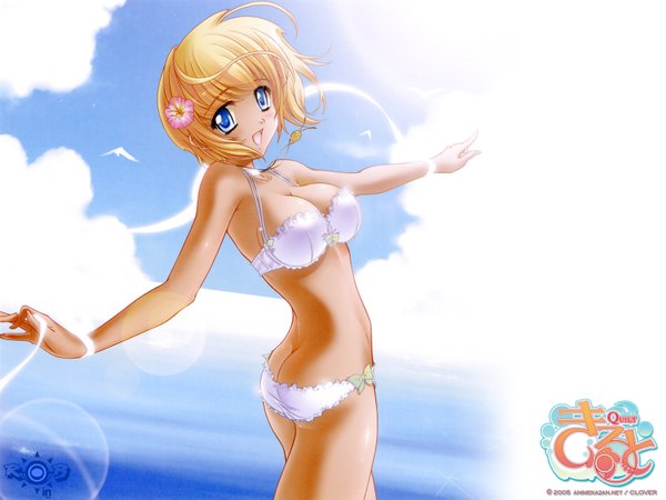 Anime picture 1600x1200 with quilt (game) mizuki sugiyama genshou highres short hair breasts open mouth blue eyes light erotic blonde hair large breasts ass wallpaper underwear only dark skin happy underwear panties flower (flowers) water