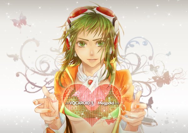 Anime picture 3508x2480 with vocaloid gumi iban single long hair highres open mouth green eyes absurdres nail polish green hair inscription open clothes open jacket goggles on head orange nail polish girl heart insect butterfly