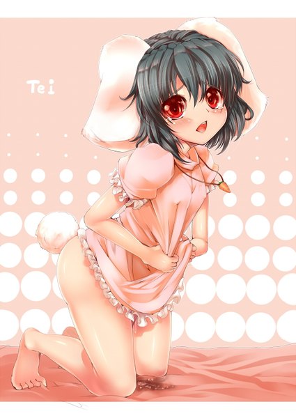 Anime picture 1024x1446 with touhou inaba tewi kantarou (nurumayutei) single tall image blush short hair open mouth light erotic black hair red eyes bunny ears bunny tail girl
