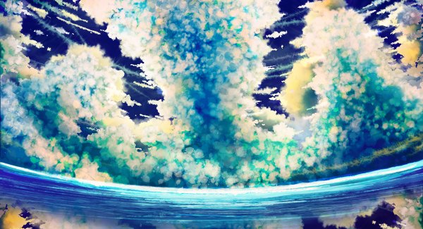 Anime picture 1200x650 with original aya (star) wide image sky cloud (clouds) horizon landscape sea