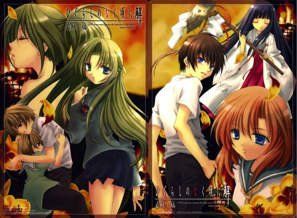 Anime picture 1634x1200 with higurashi no naku koro ni studio deen ryuuguu rena furude rika sonozaki mion houjou satoko sonozaki shion maebara keiichi houjou satoshi houjou yutori long hair looking at viewer fringe short hair blue eyes hair between eyes red eyes brown hair standing multiple girls