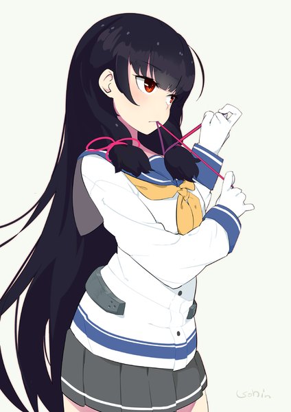 Anime picture 778x1100 with kantai collection isokaze destroyer sohin single long hair tall image blush fringe black hair simple background red eyes holding signed looking away ahoge grey background mouth hold adjusting hair tress ribbon tying hair