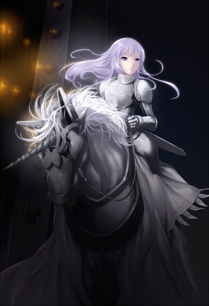 Anime picture 700x1023 with original cait single long hair tall image purple eyes looking away silver hair girl weapon animal sword armor horse unicorn
