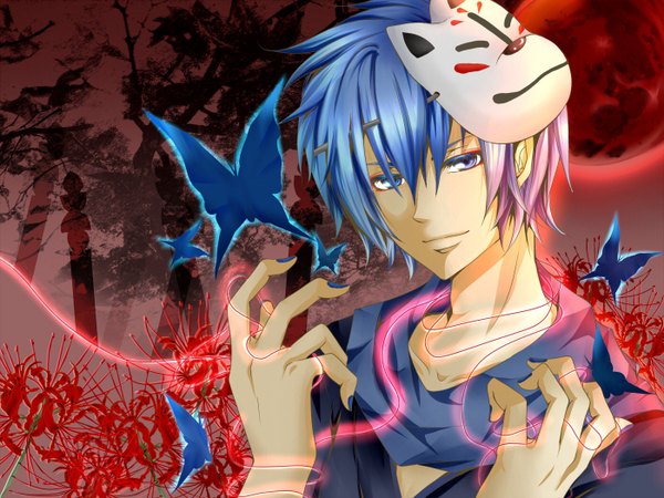 Anime picture 1400x1050 with vocaloid kaito (vocaloid) single short hair blue eyes blue hair mask on head boy flower (flowers) insect butterfly mask higanbana