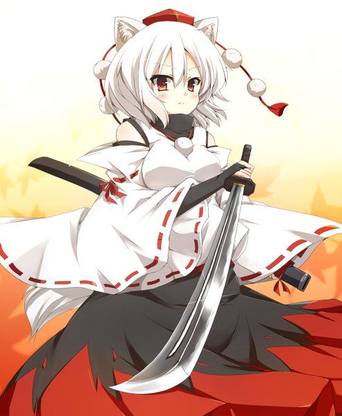 Anime picture 1150x1400 with touhou inubashiri momiji watao single tall image short hair red eyes animal ears white hair girl weapon detached sleeves sword katana tokin hat