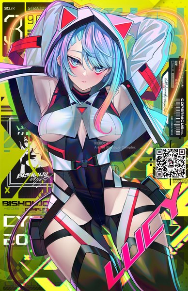 Anime picture 3300x5100 with cyberpunk edgerunners lucy (cyberpunk) nekodayo22 single tall image looking at viewer highres short hair breasts blue eyes light erotic blue hair absurdres open jacket character names underboob arms behind head animal hood girl jacket