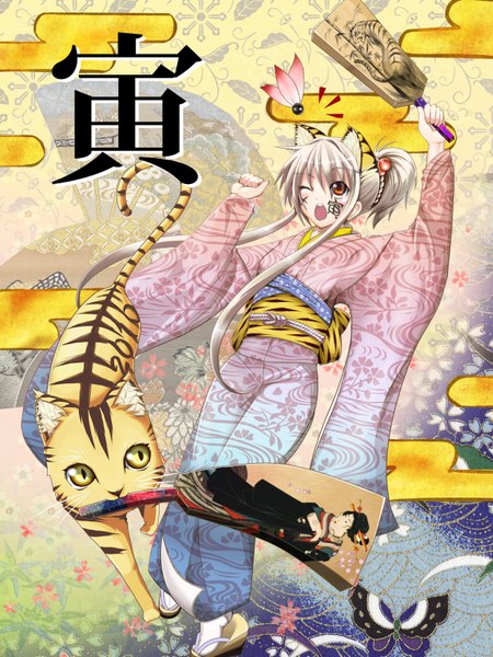 Anime picture 1200x1600 with amino dopple (artist) single tall image short hair open mouth animal ears traditional clothes japanese clothes one eye closed grey hair wink cat ears orange eyes girl flower (flowers) obi cat