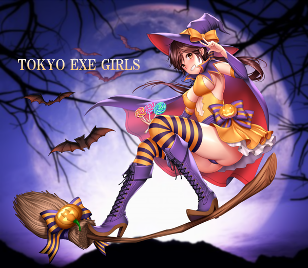 Anime picture 1141x991 with tokyo exe girls re:shimashima single long hair blush breasts light erotic smile brown hair brown eyes pantyshot copyright name halloween witch broom riding girl thighhighs underwear panties hat