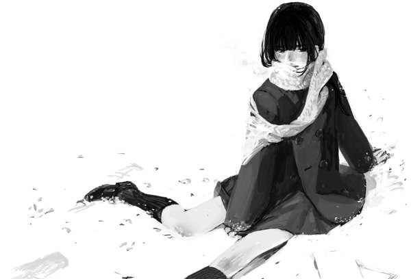 Anime picture 1800x1224 with original domo single long hair looking at viewer highres sitting bent knee (knees) outdoors monochrome snow girl socks scarf knee socks coat
