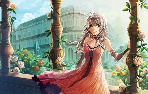 Anime picture 1048x670 with original nanashi (eog) single long hair looking at viewer green eyes silver hair braid (braids) twin braids girl flower (flowers) detached sleeves sundress house