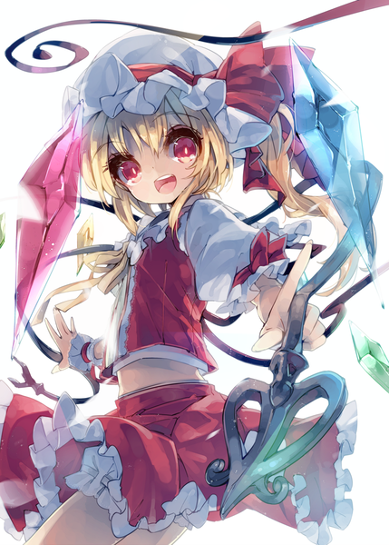 Anime picture 2288x3200 with touhou flandre scarlet teco uk single tall image looking at viewer highres short hair open mouth simple background blonde hair red eyes white background bare belly loli one side up spread arms girl skirt weapon