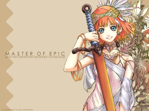 Anime picture 1280x960 with master of epic tagme (artist) single looking at viewer short hair blue eyes simple background smile upper body orange hair copyright name sheathed brown background girl hair ornament weapon sword bracelet sheath