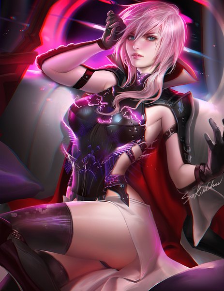 Anime picture 1314x1700 with final fantasy final fantasy xiii square enix lightning farron sakimichan single long hair tall image blush fringe light erotic hair between eyes signed pink hair aqua eyes realistic pantyshot lipstick pantyshot sitting hand on head