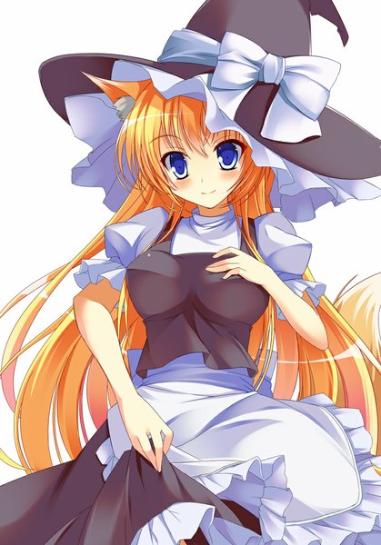 Anime picture 720x1031 with original takataka single long hair tall image looking at viewer blush blonde hair smile animal ears tail animal tail fox ears fox tail fox girl witch girl dress hat witch hat
