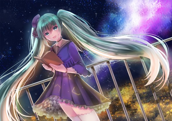 Anime picture 1000x707 with vocaloid hatsune miku 723/nanahumi single long hair looking at viewer fringe open mouth blonde hair smile hair between eyes standing twintails holding payot :d multicolored hair aqua eyes wind aqua hair